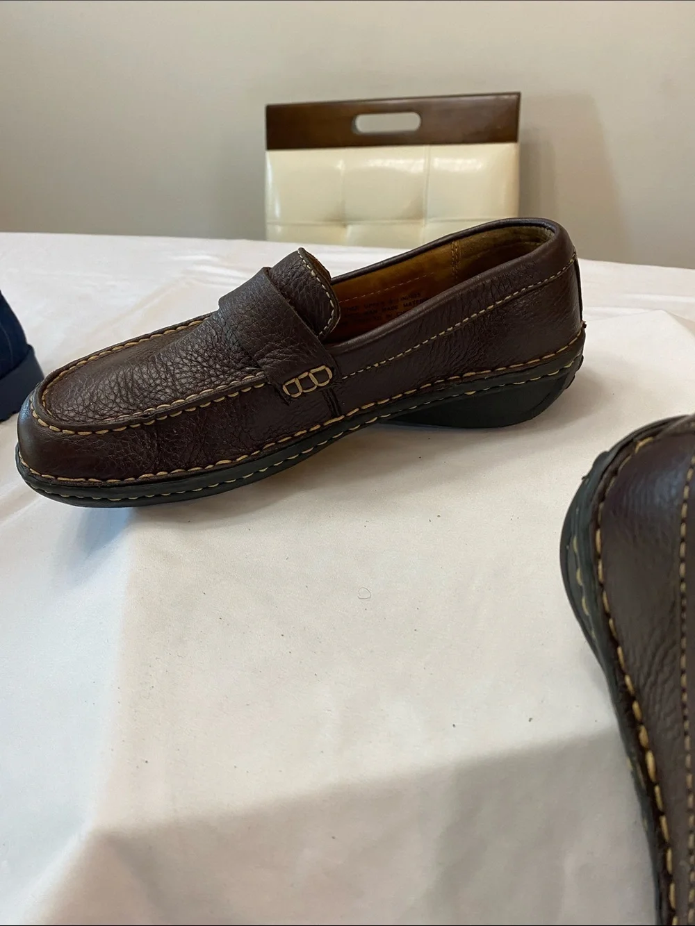 Born Dark Brown Leather Penny Loafers with Contrast Stitching